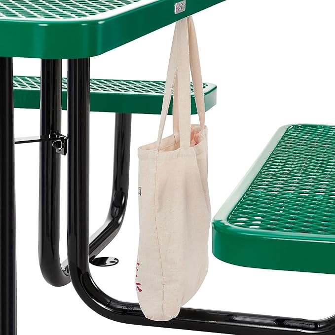 Global Industrial 46" Square Picnic Table, Expanded Metal, Green Thermoplastic Coating, Attached Benches, 1-1/2” Umbrella Pole Hole, Outdoor-Rated, 1000 lb Capacity