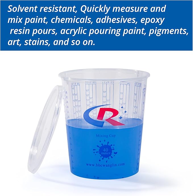 Paint Mixing Cup 40 Ounce, Accurate Measurements in Ratios and OZ. and ML, 100PCS Plastic Graduated Measuring Cups with 12PCS Lids for Paint, Resin, Epoxy, Acrylic, Pigments, Art