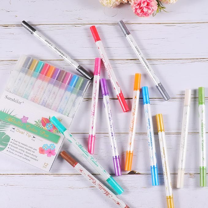 Sunshilor Metallic Markers Dual Tip Metallic Marker Pens Brush and Fine Point Pens for Black Paper, Rock Painting, Easter Egg, Halloween Pumpkin, Card Making, Metal, Ceramic, Wine Glass