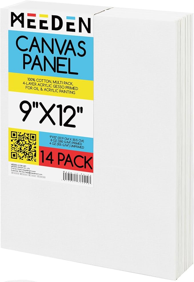 MEEDEN 14-Pack 100% Cotton Canvas Boards for Painting - 9x12'' Blank Canvas Panels for Oil & Acrylic Painting, Ready to Paint Art Supplies for Professional Artists, Students