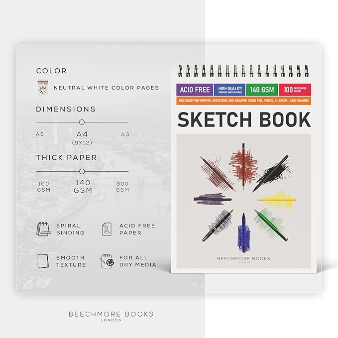 BEECHMORE BOOKS 9x12 Spiral Sketchbook – 140 GSM Acid-Free Paper, 100 Perforated Pages, A4 Art Sketch Pad for Drawing & Sketching, Artists, Adults
