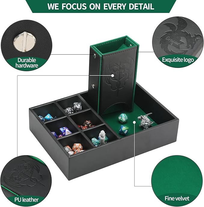 3 in 1 Dice Tray with Lid, Portable Dice Box Storage, D&D RPG MTG Table Games (Green)