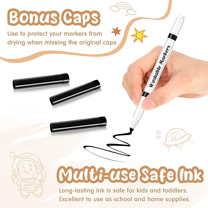 18 Pcs Line Washable Markers Bulk Black Fine Tip Markers Set Coloring Thin Tip Drawing Washable Pen for Kids Art School Classroom Back to School Gender Reveal Party Supplies, Ages 6+