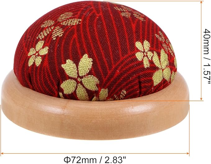 HARFINGTON Pin Cushion Wooden Base Japanese Style Round Pincushion Needle Holder for Sewing Quilting Needlework DIY Crafts, Dark Red