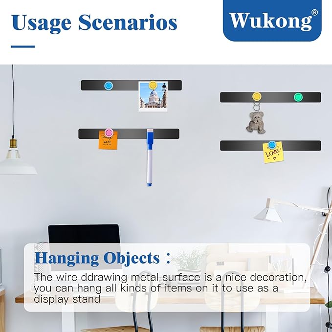 Wukong 8 Pack | 30x3cm(11.81 x 1.18) Magnetic Stainless Black Boards Strips, Adhesive Backing Bulletin Bar Board, Memo Board with 32Pcs Colorful Magnets for Office, Home, Photo Wall, Documents