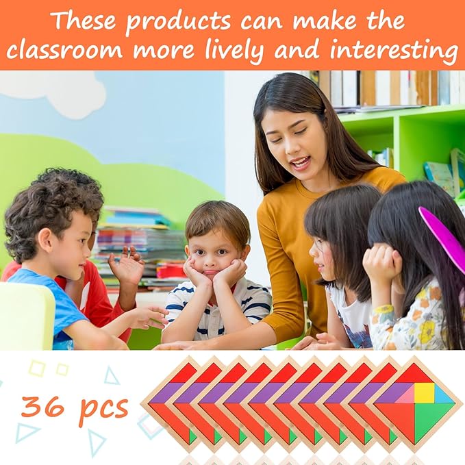 Shappy 36 Pieces Wooden Tangram Puzzles for Kids Educational Shape Puzzle Toys Geometric Pattern Brain Logic Puzzle Blocks for Students Educational Activities Back to School Gifts(Novelty Style)