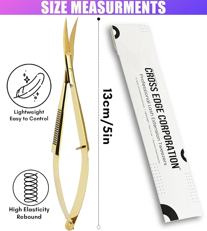 Cross Edge Curved Spring Scissors 5 Inch Stainless Steel Precision Eyebrow & Eyelash Shaping & Trimming Scissor, Snips Squeeze, Embroidery, Knitting Micro Tip Craft Scissors (Gold)