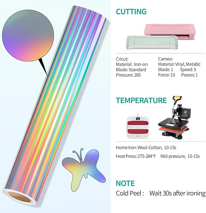 VINYL FROG Metallic Foil HTV Vinyl Roll 12" x5ft Holographic Silver Heat Transfer Vinyl Chrome Iron on Vinyl Easy to Cut & Weed DIY Heat Press Design for T-Shirts
