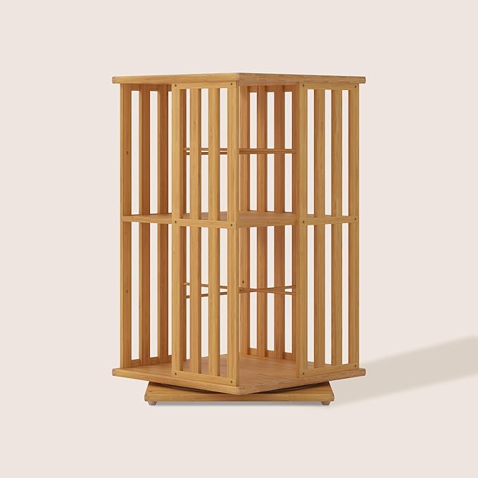 XIMN 360° Rotating Bamboo CD/DVD Shelf - 6-Tier Space-Saving Media Storage Cabinet for Movies, Organizer with Super Compact Design (Nature, 2 Tier)