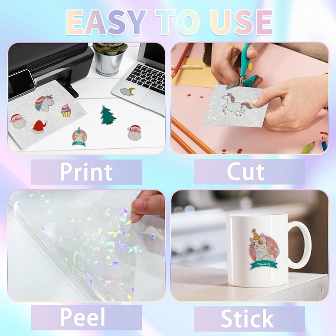 20 Sheets Holographic Sticker Paper,8.5x11 Inch Clear Printable Vinyl Sticker Papers,Self-Adhesive Waterproof for Inkjet/Laser Printer（Clear Glass）