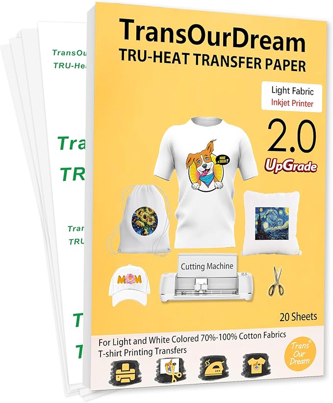 TransOurDream Upgraded Iron on Heat Transfer Paper for T Shirts (20 Sheets, 8.5x11") Iron on Transfers for Light Fabric Printable Heat Transfer Vinyl for Inkjet Printer (TOD-4)
