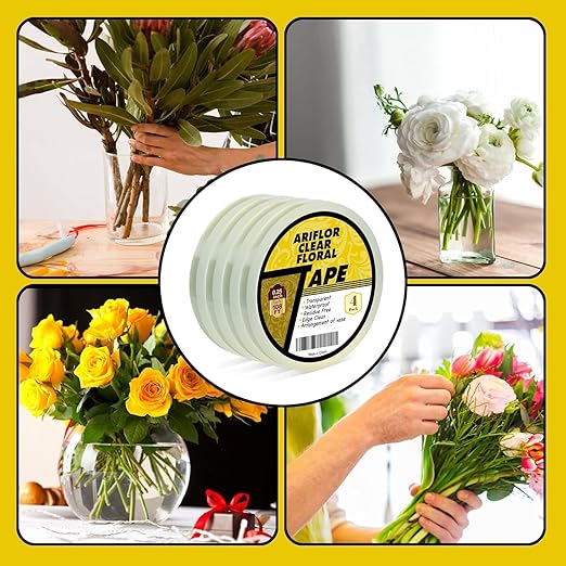 4Packs Clear Floral Tape - 1/4 inches Wide Floral Vase Tape, Clear Waterproof Floral Tape for Fresh Flower Bouquets and Flower Arrangements Crafts (0.25inch*4Packs), 0.25inch*4Pack