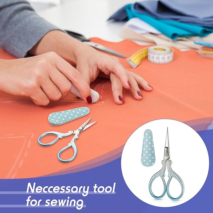 Honoson 4 Pcs Sewing Embroidery Scissors with 4 Pcs Artificial Leather Cover 3.6 Inch Stainless Steel Stork Scissors Vintage Embroidery for Needlework Manual Sewing Handicraft(Retro Colors)