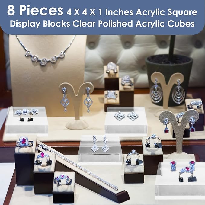 Remerry 8 Pieces Acrylic Display Block 4 x 4 x 1 Inch Clear Polished Acrylic Square Display Cube Block Stand Holder for Rings Jewelry Ornaments