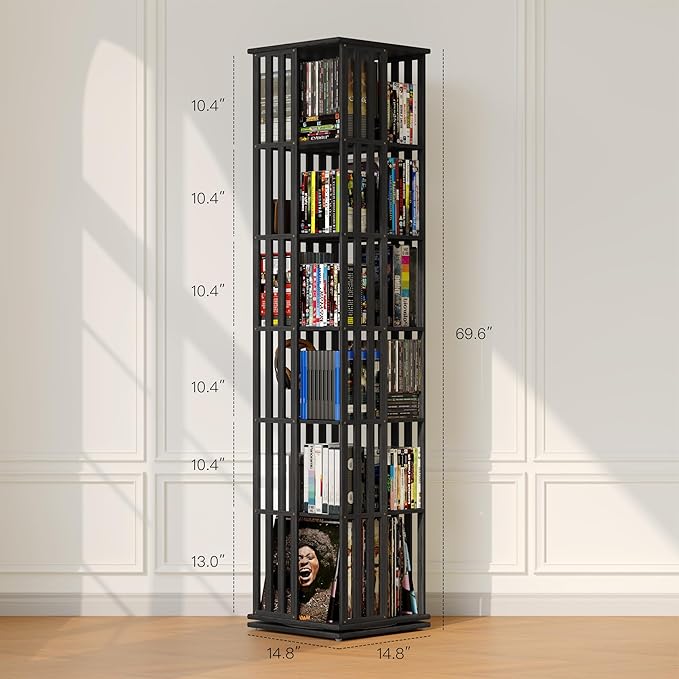 XIMN 360° Rotating Bamboo CD/DVD Shelf - 6-Tier Space-Saving Media Storage Cabinet for Movies, Organizer with Super Compact Design (Black, 6 Tier)