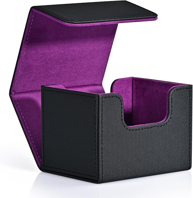 ZLCA Card Deck Box for Trading Cards, MTG Commander Deck Box Holds 120+ Single Sleeved, Leather Magnetic Card Storage Case Fits for TCG CCG Magic (Black& Purple)