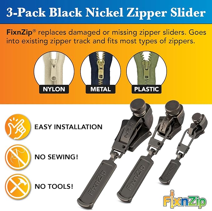 FixnZip (Black Nickel 3 Pack S,M,L) - Universal Zipper Repair Kit for Jackets, Luggage, Bags - Backpack Zipper Replacement Repair Kit