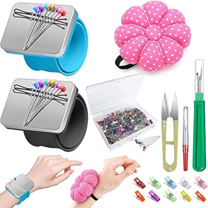ICNOW Sewing Kit - 216 Pcs, 2 Magnetic Wrist Pincushions, 200 Straight Pins, 10 Clips, 2 Seam Rippers, 1 Scissor