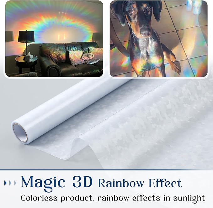 Haton Window Privacy Film, Rainbow Stained Glass Window Clings, 3D Decorative UV Sun Blocking Sticker, Removable Static Cling Heat Control Tint for Home Door, 17.5" x 157.4" Non-Adhesive