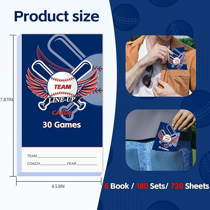 30/60/120/180 Baseball Lineup Cards with 4-Part Carbonless Copies, 4.53 x 7.87 Inch 16 Player Roster Sheets for Games, Softball Line up Coaching Accessories for Coaches and Umpires