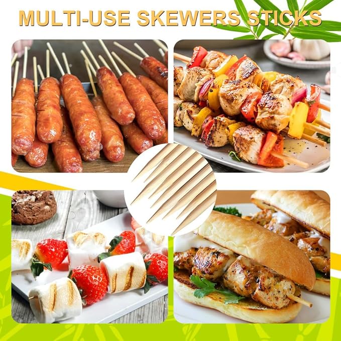 300 Pcs 6 inch Natural Bamboo Skewers, Φ=4mm, PEOUWNES Food Sticks for Appetiser, BBQ, Fruit，Cocktail, Grilling Kebabs, Bouquet, Chocolate Fountain, Corn Dog, Kitchen, Barbecue, Crafting and Party