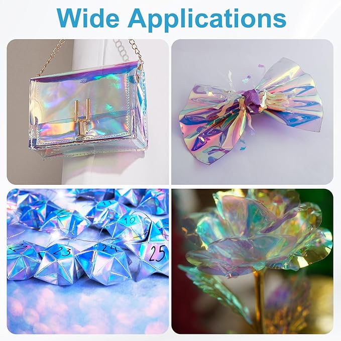 MECCANIXITY Iridescent Window Film,24" x 39" Iridescent Holographic PVC Fabric Dichroic Film Clear Vinyl Paper Roll for DIY Craft Gift Wrapping Bag Decoration,Blue