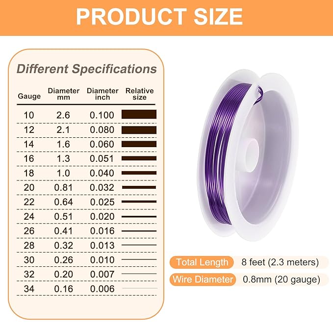 HARFINGTON 8ft Jewelry Wire, 20 Gauge (0.8mm) Brass Craft Soft Metal Tarnish Resistant Copper Beading Wire for Jewelry Making Supplies Crafting, Purple