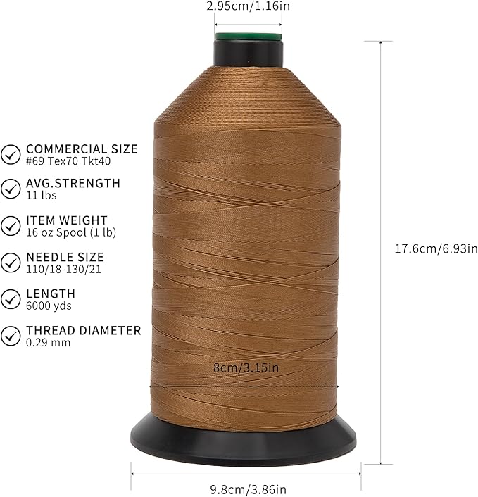 Extra Strong Bonded Nylon Thread #69 Tex70 – 16 OZ, 6000yds, Versatile Stitching Solution for Leather, Upholstery, Canvas Repair and More (Caramel)
