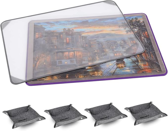 Kidoodler Jigsaw Puzzle Board with Cover & Sorting Trays | 33x22 Portable Puzzle Mat for 1000 pcs with 4 Foldable Sorting Trays | 4mm Reinforced Hardboard | Non-Slip Surface | Purple