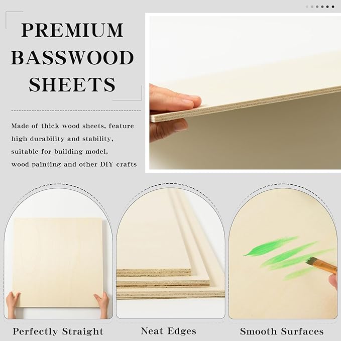 6 Pack 16 x 16 x 1/4 Inch-6mm Thick Basswood Sheets for Crafts Unfinished Plywood Sheets Boards Square Crafts Wood Sheets for DIY Laser Projects, Wood Burning, Engraving, Staining, Architectural Model