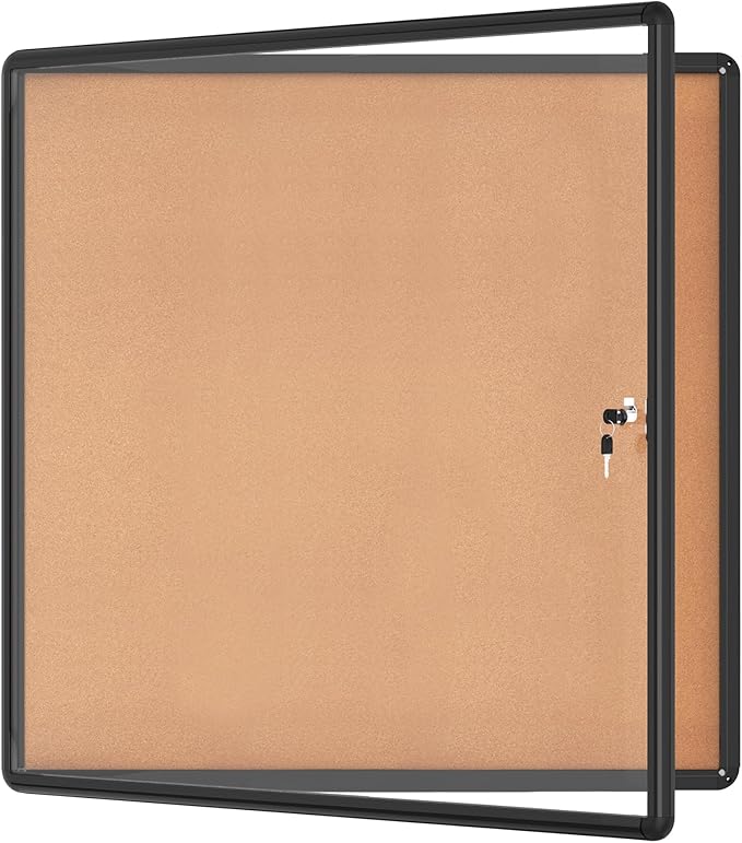 38"x38" Enclosed Bulletin Board, Lockable Weather-Resistant Aluminum Cork Noticeboard for School & Office Hospital, Black Frame w/Cork