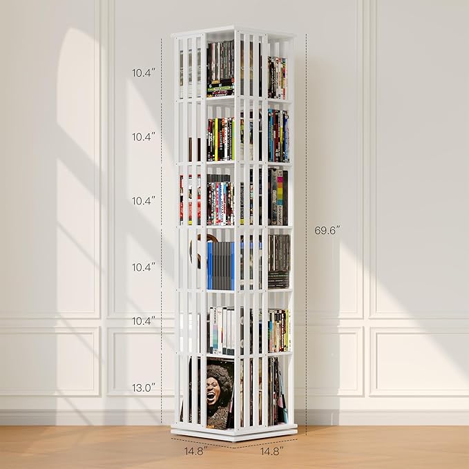 XIMN 360° Rotating Bamboo CD/DVD Shelf - 6-Tier Space-Saving Media Storage Cabinet for Movies, Organizer with Super Compact Design (White, 6 Tier)