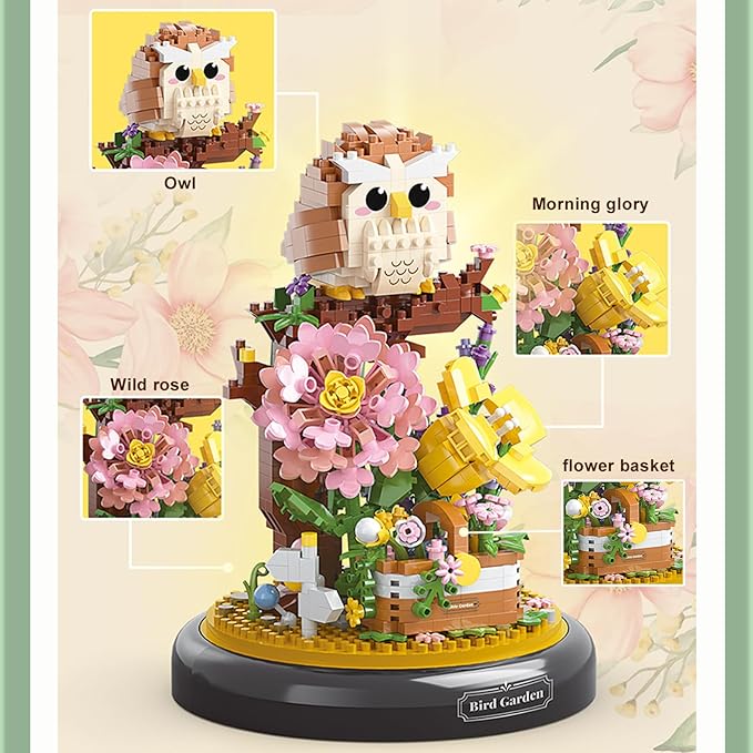 Owl Flower Bouquet Building Set Plants Friend Set Adults Bonsai Tree Party Favors for Kids Animal Building Blocks Set Valentine's Birthday Gift for Girlfriend Boys Girls Age 6-12+(Owl Garden)