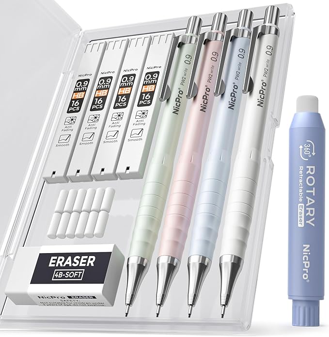 Nicpro Cute Mechanical Pencil Set, 4PCS 0.9mm Pastel Drafting Pencils with 4 Tube HB Lead Refills, 4B Erasers, Rotary Retractable Eraser and Eraser Refill for Writing Sketching Back to School Supplies