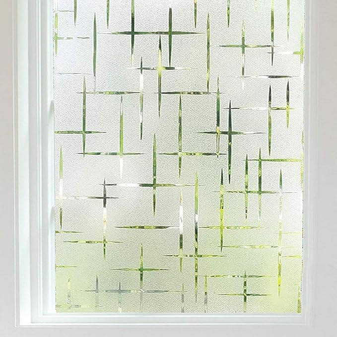 Finnez Frosted Window Film Non-Adhesive, Frosting Privacy Film for Glass Windows, Self Static-Cling Decorative Window Cling for Home Office UV Protection Cross Pattern, 29.5 x 78.7 inches