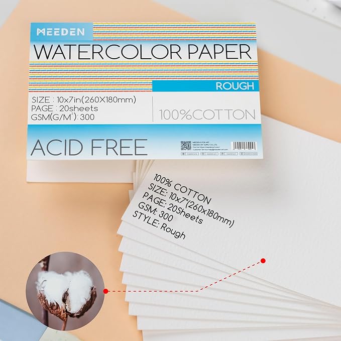 MEEDEN Watercolor Paper Block, 100% Cotton Watercolor Paper Pad of 20 Sheets, 140lb/300gsm, Acid-Free Art Paper for Watercolor, Gouache, Ink and More, 10" x 7" Rough Grain