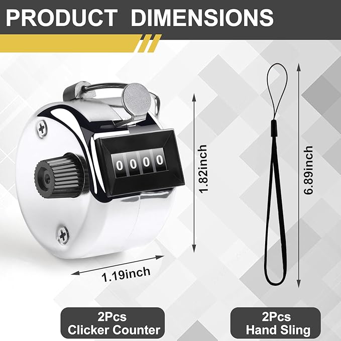 2PCS Premium One Hand Counter Clicker, Silver Metal Clicker Counter, Manual Mechanical People Counter Clicker with Nylon Lanyard, 4-Digit Number Count Tally Counter Clicker for Golf, Lap & Row Etc.