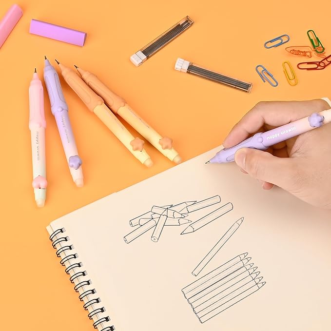 Temiary Cute Mechanical Pencil Set with Case, 6 Pcs Medium Point 0.9 mm Pencils with 2 Tubes HB Lead Refills, 4 Pcs Erasers for School Supplies Student Writing, Drafting Drawing Sketching (Pastel)