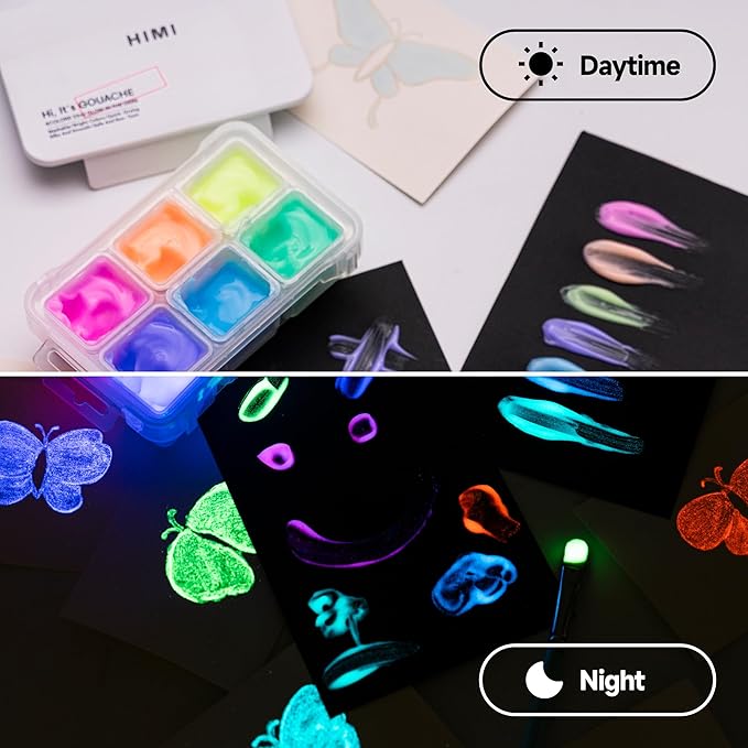 HIMI Glow in The Dark Jelly Gouache Paint Set, 6 Colors 23ml, Jelly Cup Design, Travel carry, Non Toxic Paint for Canvas and Paper, Art Supplies for Professionals