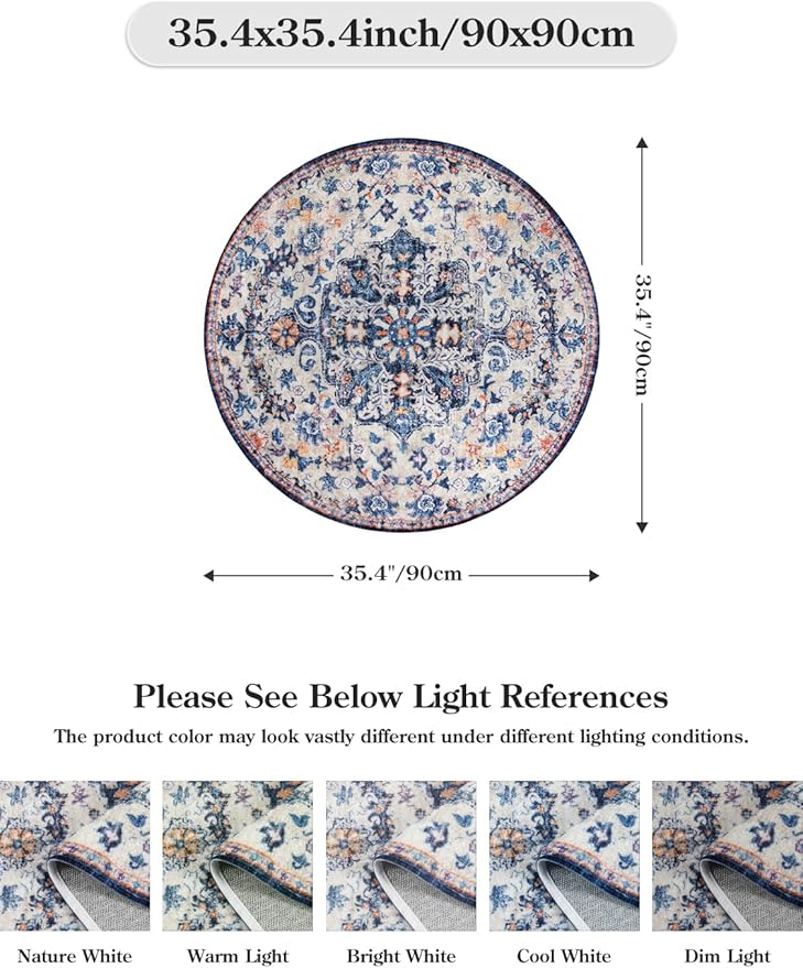 Lahome Bohemian Round Rug 3Ft Small Bedroom Round Area Rug Soft Bathroom Circle Mat, Vintage Machine Washable Non Slip Low Pile Indoor Floor Carpet for Kitchen Laundry Entryway, Blue Purple/Multi