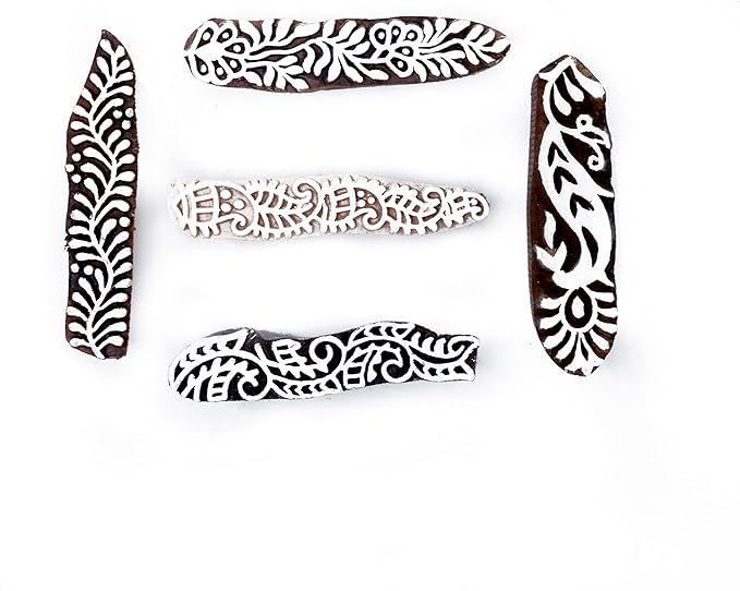 Hashcart | Set of 5 | Mehndi Print Blocks Border Pattern Wooden Stamp, Handcarved Indian Textile Printing Blocks for Crafting on Fabric Clay & Henna Tattoo Saree Border Paper Print Pottery Stamps