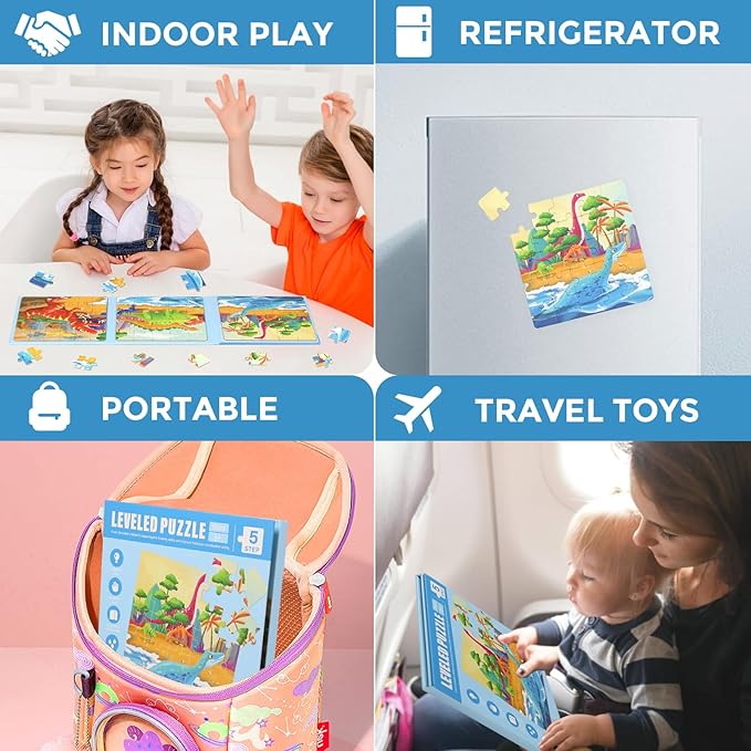 Magnetic Puzzles for Kids Ages 4-8, 3 in 1 Dinosaurs Magnet Jigsaw Puzzle Book, Toddlers Travel Puzzles Toys, Preschool Learning Toy for Kids 3-8 Year (Dinosaurs)