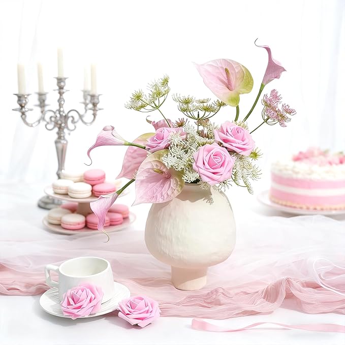 Artificial Flowers Foam Fake Roses 25pcs Pink Roses with Stems for Home Decor DIY Wedding Bouquets Party Bridal Shower Centerpieces Faux Flower Arrangements Tables Decorations