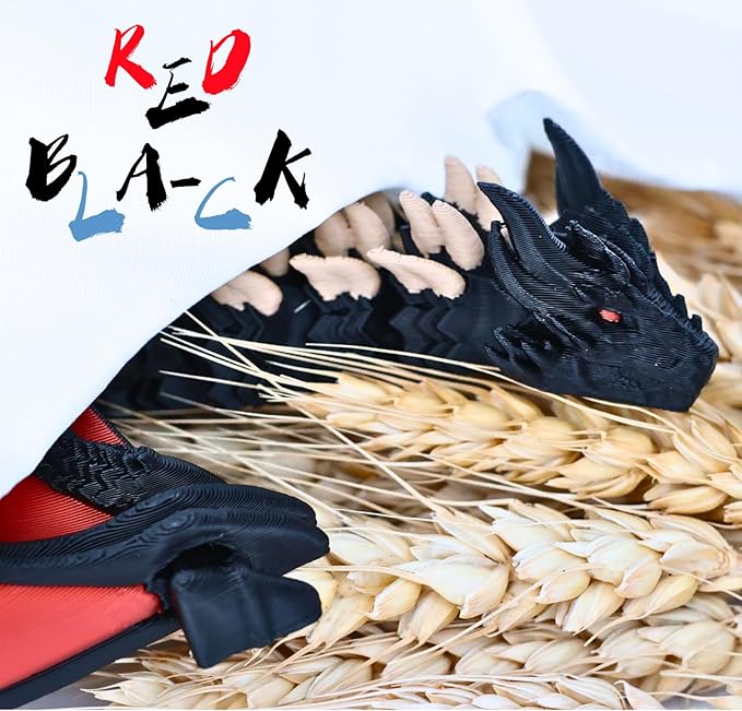 3D Printed Dragon - 12 inch Flying Flexible Dragon with Wings, Home Decor, Birthday Gift, Desk Pet(Red Black-Dragon)(Red Gold-Dragon)