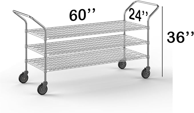 24" W x 60" L x 36" H Chrome Heavy Duty Utility Cart | 3-Tier | NSF Commercial Storage Rack Mobile Unit | Storage and Mobility Solution for Your Business