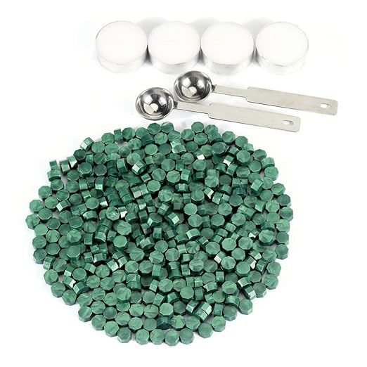Yoption 360Pcs Metallic Green Sealing Wax Beads, Hexagon Wax Seal Beads with 4Pcs Tea Candles and 2 Melting Spoons for Wedding Invitations, Wine Packaging, Gift Wrap, Envelopes