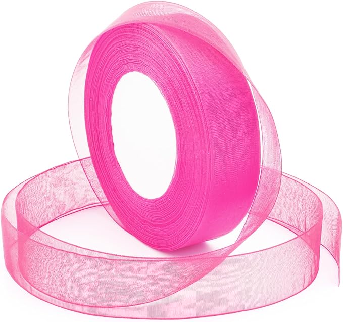 Pink Ribbon for Gift Wrapping, 1 inch 50Yard Sheer Organza Tulle Ribbon, Hot Pink Gifts Wrap Chiffon Ribbons for Hair, Crafts, Flower Bouquet, Wedding, Valentines Day, Mothers Day, Christmas