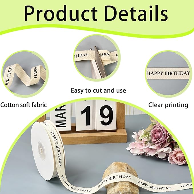 Cotton Herringbone Ribbon - Natural Twill Tape for Custom Gift Wrapping & DIY Crafts-5/8 Inch x 15 Yards - Happy Birthday Printed Phrase