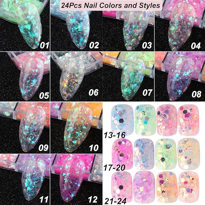 Holographic Nail Art Glitter Iridescent Flakes Nail Foil 12 Grids and Mermaid Flake Glitter Sequins 12 Grids,Colorful Fluorescent Glass Acrylic Nails Supplies Sticker for Make Up