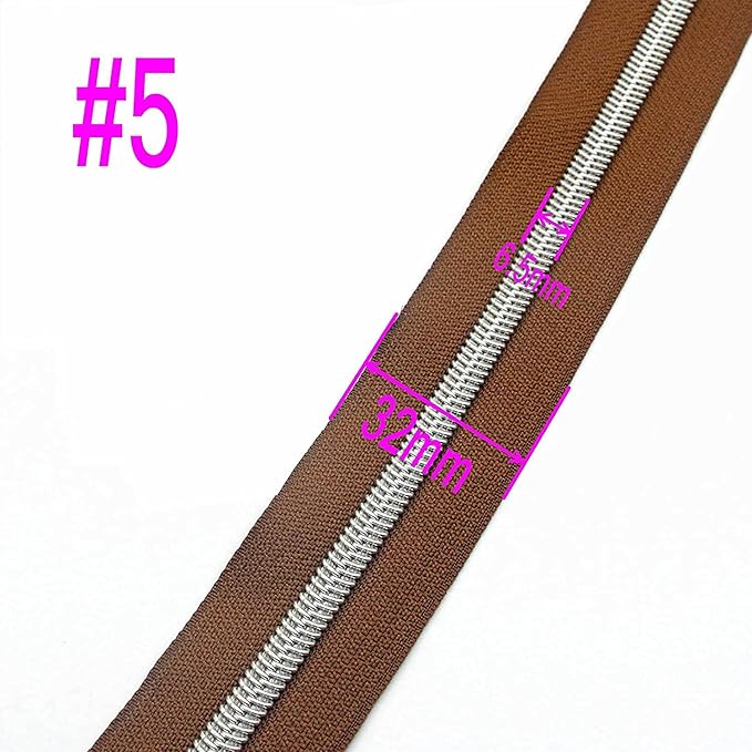Leekayer #5 Metallic Silver Nylon Coil Zippers by The Yard Bulk 10 Yards Brown Zipper Tape with 25pcs Silver Sliders for DIY Sewing Tailor Craft Bag(Brown)
